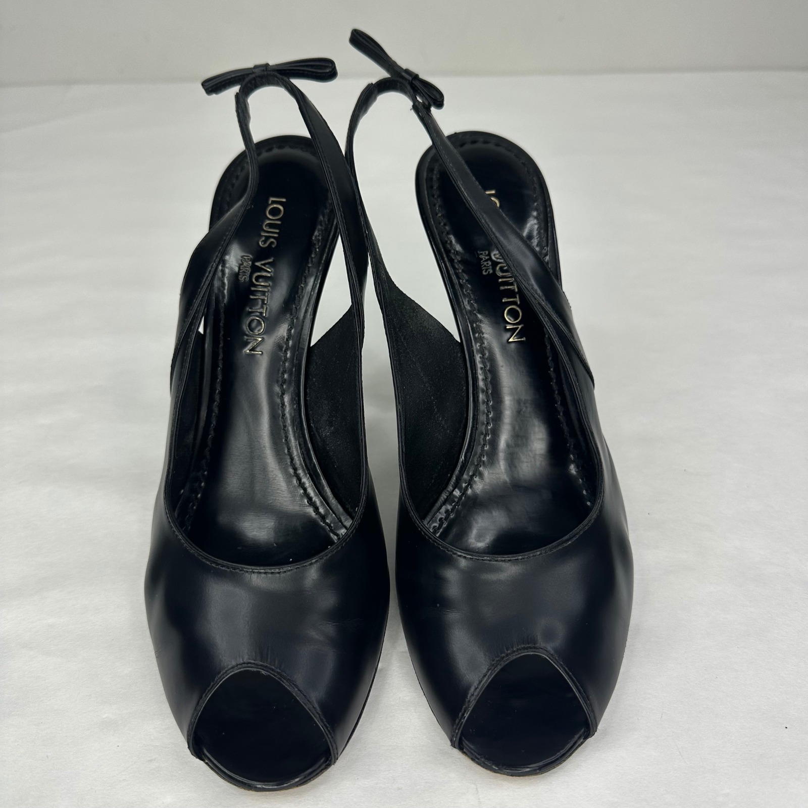 Louis Vuitton Black Veau Glace Peep Toe Slingback Pumps Heels 38.5 Ys5kgl
